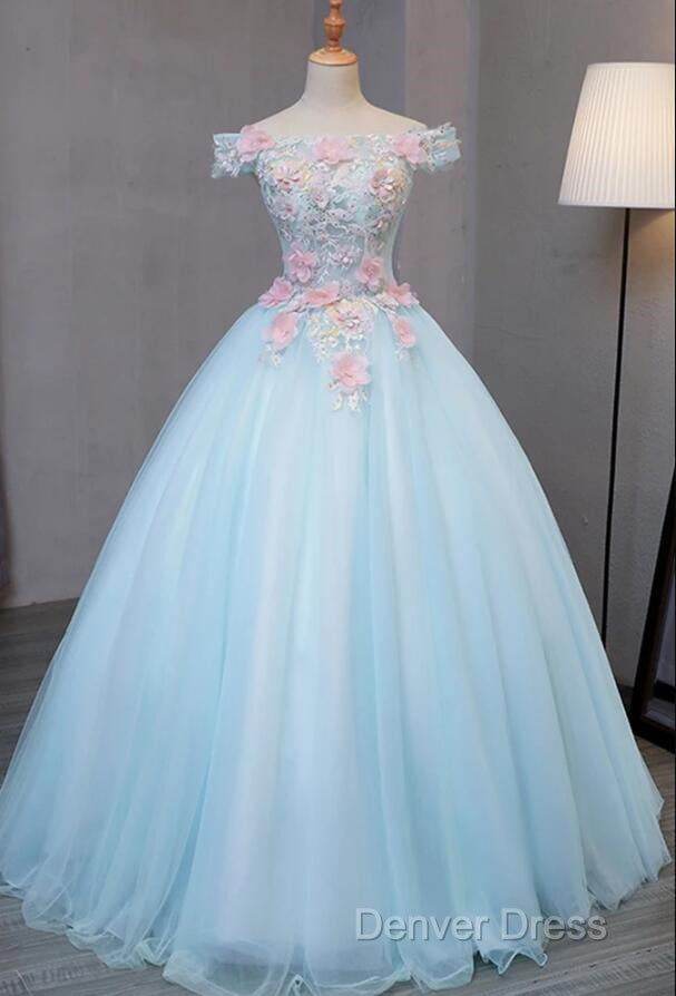 Light Blue Long Floral Tulle Sweet 16 Dresses,  Quinceanera Dresses Secondary image