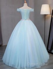 Light Blue Long Floral Tulle Sweet 16 Dresses,  Quinceanera Dresses