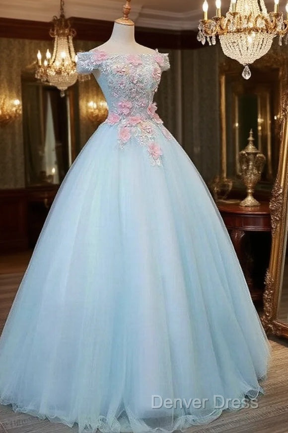 Light Blue Long Floral Tulle Sweet 16 Dresses,  Quinceanera Dresses Main image