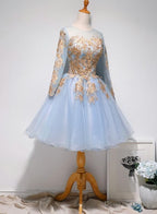 Light Blue Long Sleeves with Gold Lace Cute Homecoming Dress, Blue Short Prom Dress
