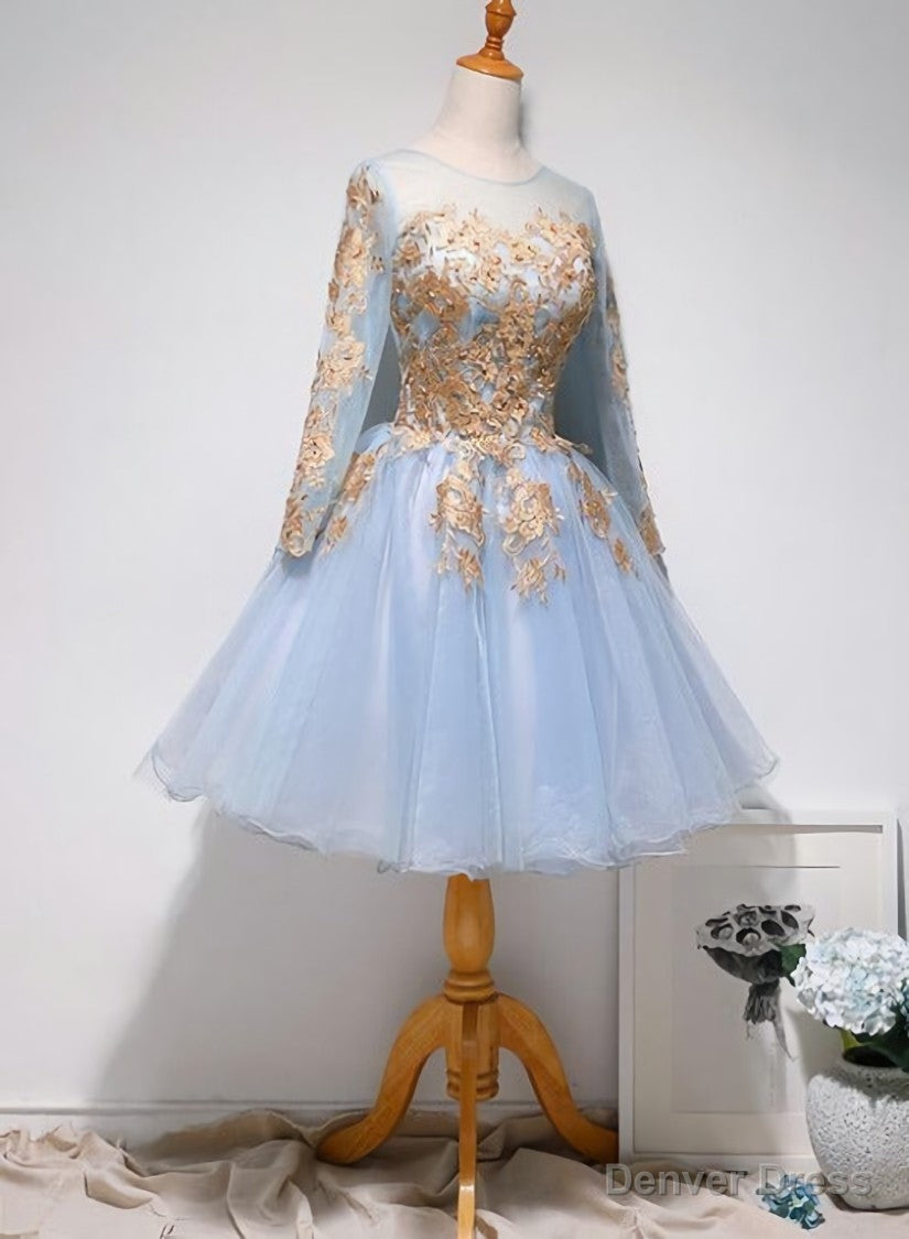 Light Blue Long Sleeves with Gold Lace Cute Homecoming Dress, Blue Short Prom Dresses