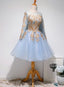 Light Blue Long Sleeves with Gold Lace Cute Homecoming Dress, Blue Short Prom Dresses