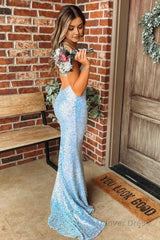 light blue mermaid sequins long prom dress