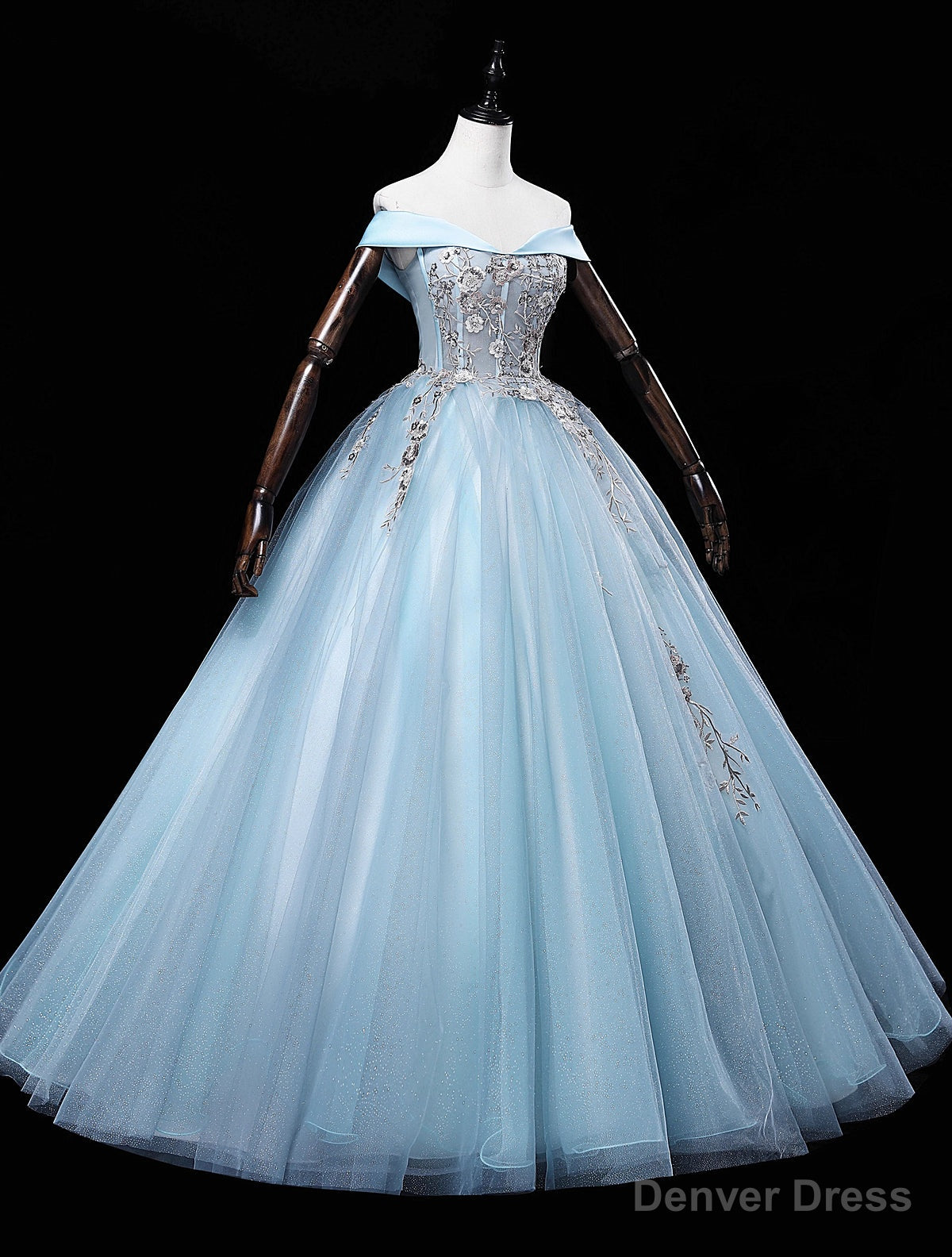 Light Blue Off Shoulder Flowers Tulle Long Party Dress, Light Blue Sweet 16 Dress Main image