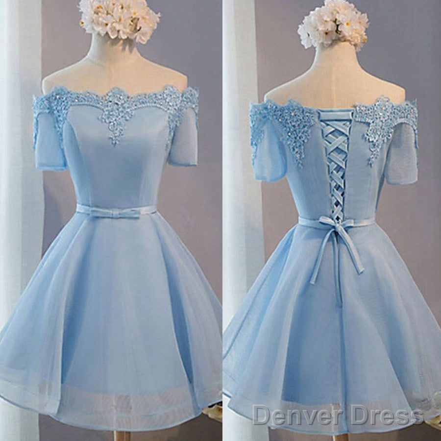 Light Blue Off Shoulder Half Sleeve Lace Appliques Lace Up Back Lovely Homecoming Dresses