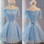 Light Blue Off Shoulder Half Sleeve Lace Appliques Lace Up Back Lovely Homecoming Dresses