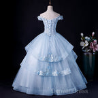 Light Blue Off Shoulder Lace Applique Ball Gowns Prom Dresses, Blue Sweet 16 Gowns