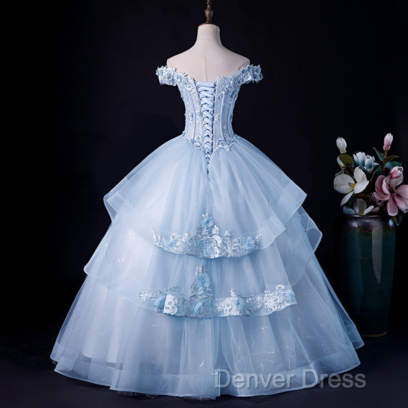 Light Blue Off Shoulder Lace Applique Ball Gowns Prom Dresses, Blue Sweet 16 Gowns