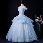 Light Blue Off Shoulder Lace Applique Ball Gowns Prom Dresses, Blue Sweet 16 Gowns