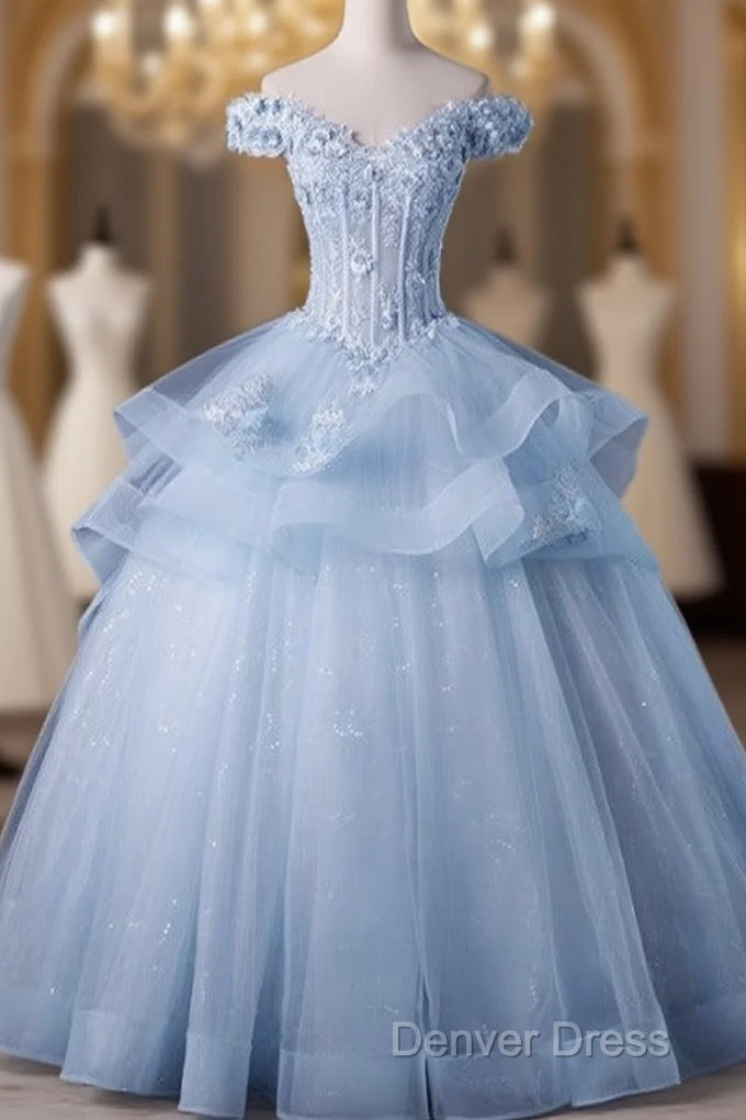 Light Blue Off Shoulder Lace Applique Ball Gowns Prom Dresses, Blue Sweet 16 Gowns