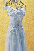 Light Blue Off Shoulder Long Prom Dress with Flowers, Tulle Blue Prom Dress
