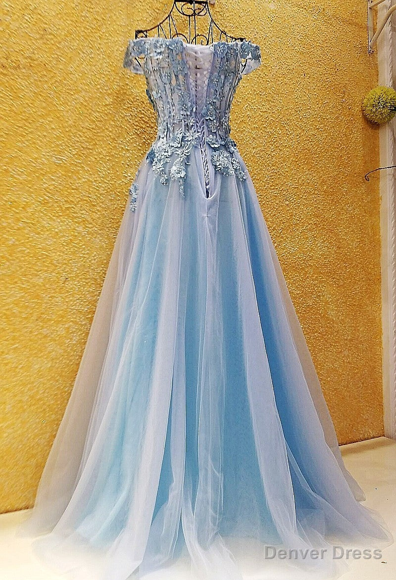 Light Blue Off Shoulder Long Prom Dress with Flowers, Tulle Blue Prom Dress