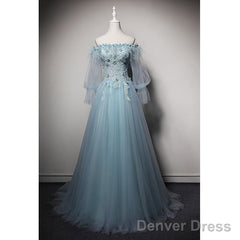 Light Blue Off Shoulder Long Sleeves Tulle Party Dress With Lace, A-Line Blue Formal Dresses