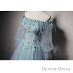 Light Blue Off Shoulder Long Sleeves Tulle Prom Dress With Lace, A Line Blue Prom Dresses
