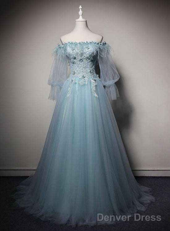 Light Blue Off Shoulder Long Sleeves Tulle Party Dress With Lace, A-Line Blue Formal Dresses Main image