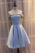 Light Blue Off Shoulder Satin Bridesmaid Dress, Blue Short Prom Dresses