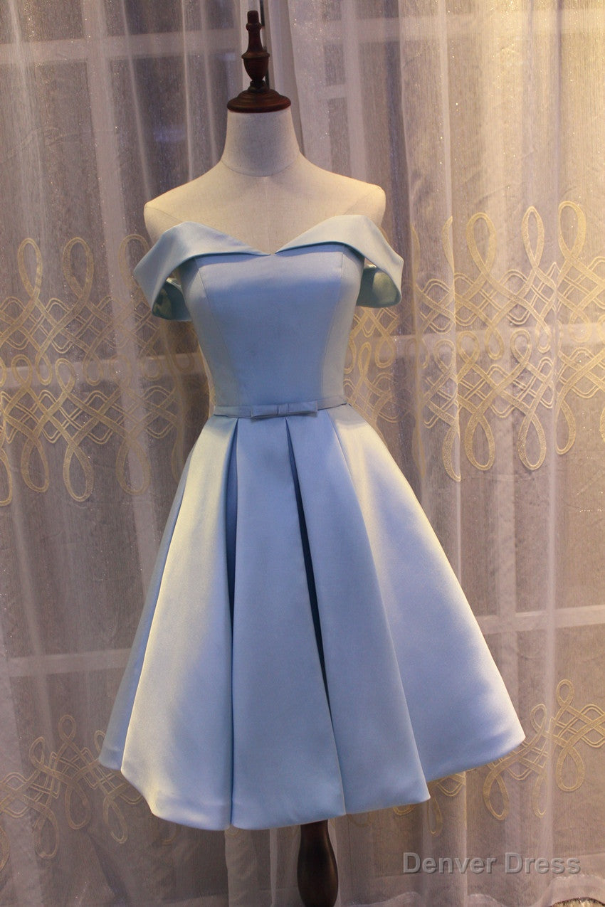 Light Blue Off Shoulder Satin Bridesmaid Dress, Blue Short Prom Dresses