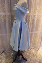 Light Blue Off Shoulder Satin Bridesmaid Dress, Blue Short Prom Dresses