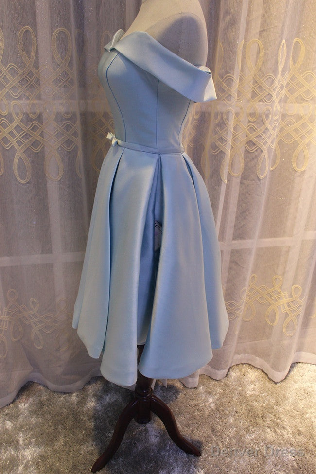 Light Blue Off Shoulder Satin Bridesmaid Dress, Blue Short Prom Dresses
