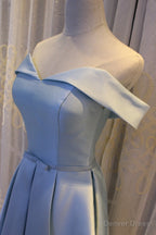 Light Blue Off Shoulder Satin Bridesmaid Dress, Blue Short Prom Dresses