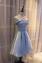 Light Blue Off Shoulder Satin Bridesmaid Dress, Blue Short Prom Dresses