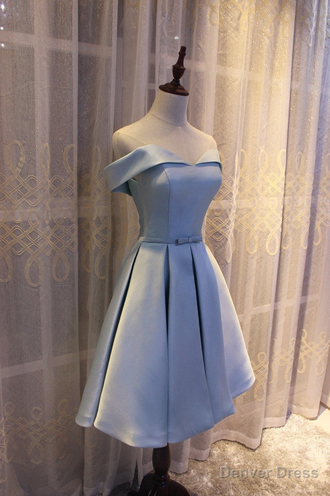Light Blue Off Shoulder Satin Bridesmaid Dress, Blue Short Prom Dresses