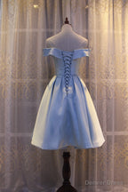Light Blue Off Shoulder Satin Bridesmaid Dress, Blue Short Prom Dresses