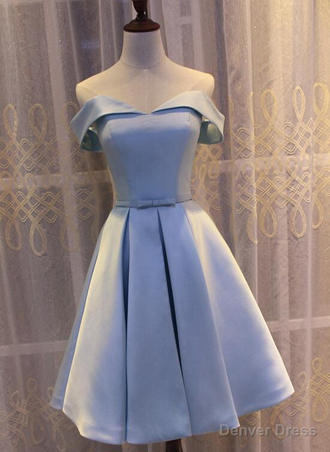 Light Blue Off Shoulder Satin Bridesmaid Dress, Blue Short Prom Dresses