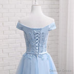 Light Blue Off Shoulder Tulle Prom Dress, Blue Homecoming Dresses