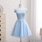 Light Blue Off Shoulder Tulle Prom Dress, Blue Homecoming Dresses