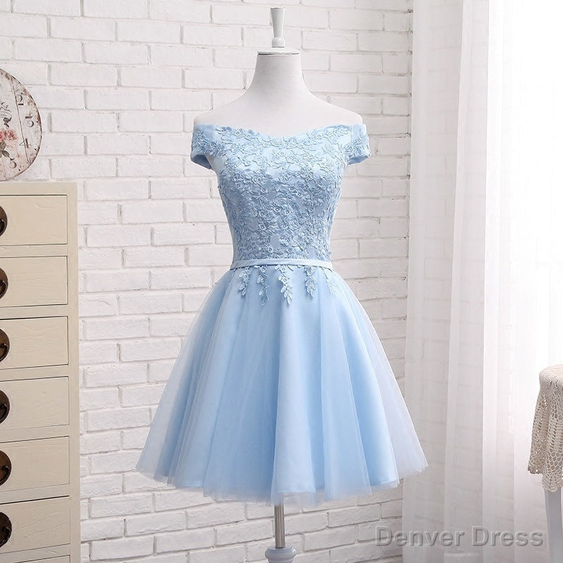 Light Blue Off Shoulder Tulle Prom Dress, Blue Homecoming Dresses