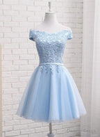 Light Blue Off Shoulder Tulle Prom Dress, Blue Homecoming Dresses
