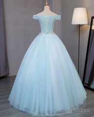 Light Blue Off Shoulder Tulle Princess Sweet 16 Dresses, Gorgeous Blue Gown
