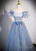 Light Blue Off Shoulder Tulle Sweetheart Formal Dresses, Light Blue A-Line Prom Dresses