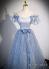 Light Blue Off Shoulder Tulle Sweetheart Formal Dress, Light Blue A-Line Prom Dress