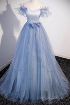 Light Blue Off Shoulder Tulle Sweetheart Formal Dresses, Light Blue A-Line Prom Dresses