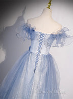 Light Blue Off Shoulder Tulle Sweetheart Formal Dresses, Light Blue A-Line Prom Dresses