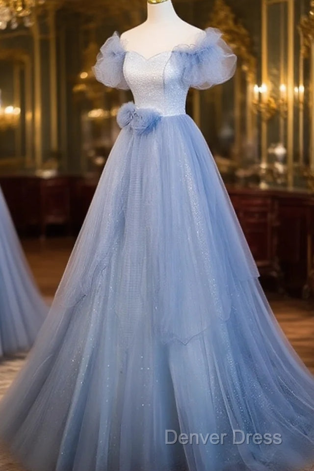 Light Blue Off Shoulder Tulle Sweetheart Formal Dresses, Light Blue A-Line Prom Dresses Main image