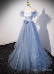 Light Blue Off Shoulder Tulle Sweetheart Formal Dress, Light Blue A-Line Prom Dress