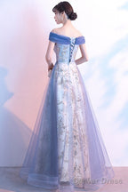 Light Blue Off Shoulder Tulle With Lace Long Evening Dress Prom Dress, Blue Formal Dresses