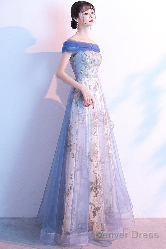 Light Blue Off Shoulder Tulle With Lace Long Evening Dress Prom Dress, Blue Formal Dresses