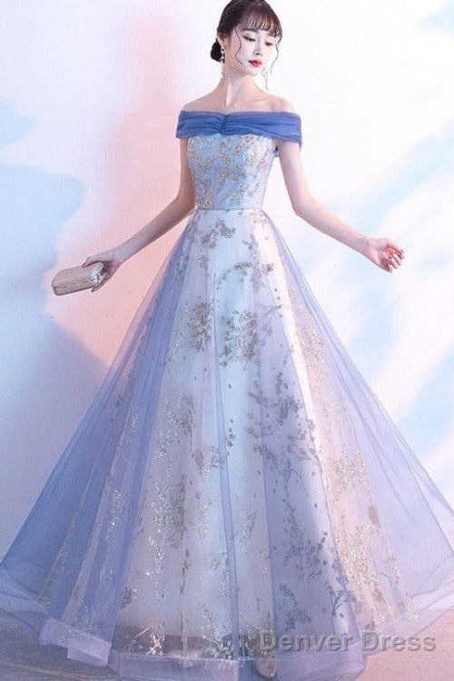 Light Blue Off Shoulder Tulle With Lace Long Evening Dress Prom Dress, Blue Formal Dresses