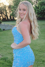 Light Blue One Shoulder Sequins Homecoming Dresses