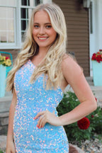 Light Blue One Shoulder Sequins Homecoming Dresses