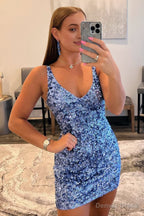 Light Blue Open Back Sequins Tight Homecoming Dress