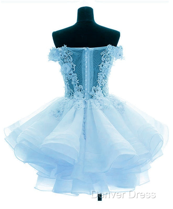 Light Blue Organza With Flower And Lace Short Prom Dress, Blue Homecoming Dresses Secondary image
