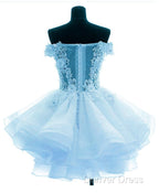Light Blue Organza With Flower And Lace Short Prom Dress, Blue Homecoming Dresses
