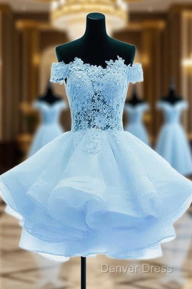 Light Blue Organza With Flower And Lace Short Prom Dress, Blue Homecoming Dresses Main image
