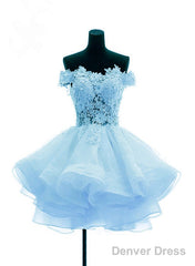 Light Blue Organza With Flower And Lace Short Party Dress, Blue Homecoming Dress
