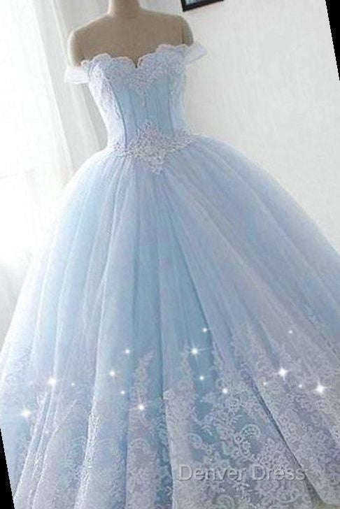 Light Blue Princess Ball Gowns Sweet 16 Gowns, Tulle Prom Dresses With Lace Applique